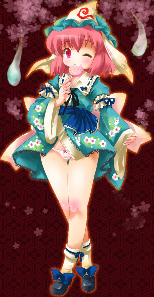 michii yuuki, saigyouji yuyuko, touhou, bad id, bad pixiv id, 1girl, candy, crossed legs, female focus, food, ghost, hat, japanese clothes, kimono, lollipop, one eye closed, panties, pantyshot, pink hair, purple hair, red eyes, ribbon, saliva, short hair, solo, standing, swirl lollipop, underwear, watson cross, wink