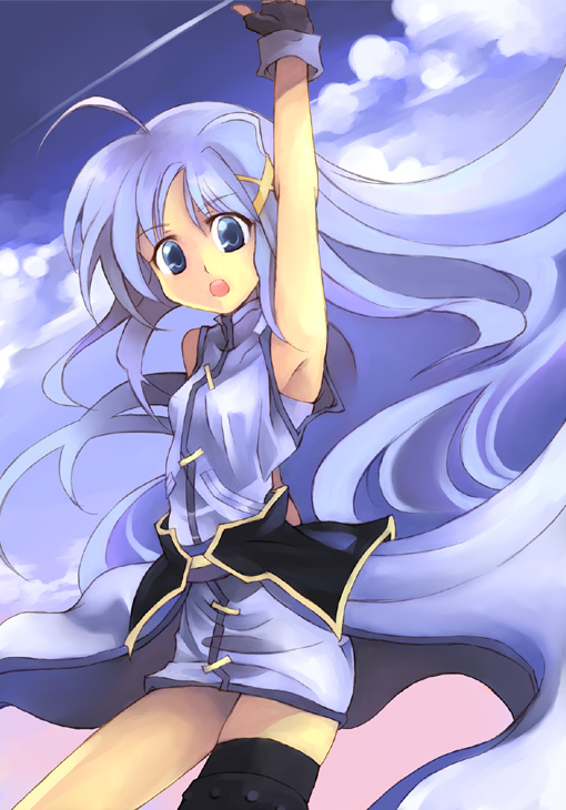 kouno hikaru, reinforce zwei, lyrical nanoha, mahou shoujo lyrical nanoha, mahou shoujo lyrical nanoha strikers, bad id, bad pixiv id, 00s, 1girl, ahoge, armpits, asymmetrical clothes, blue hair, cloud, female focus, gloves, green eyes, sky, solo, thighhighs