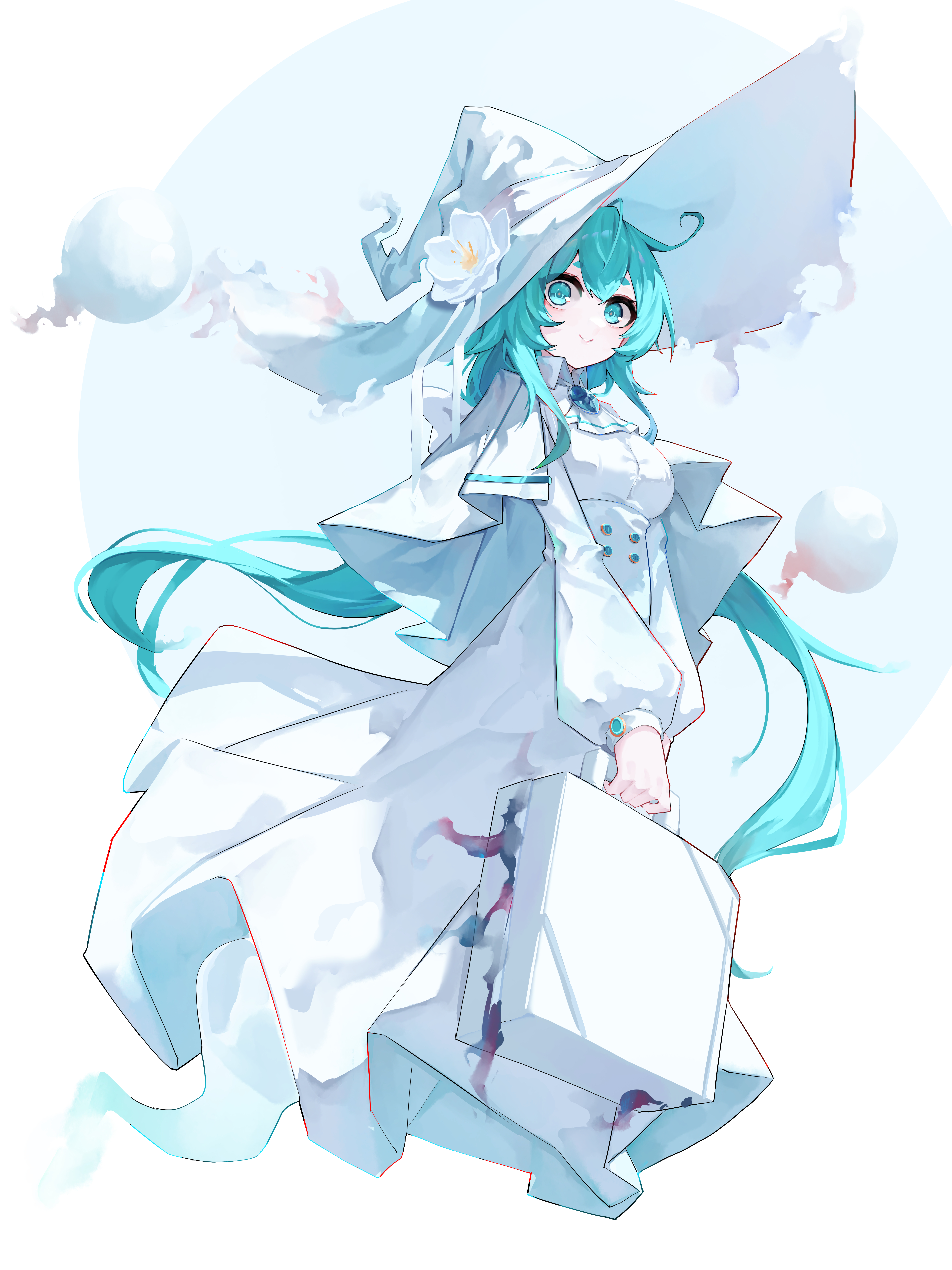 aoria, original, absurdres, commentary request, highres, 1girl, aqua eyes, aqua hair, cloak, closed mouth, collar, collared dress, dress, flower, flying, full body, ghost girl, grey background, hair between eyes, hat, holding, holding suitcase, jewelry, large hat, long dress, long hair, long sleeves, looking at viewer, sidelocks, simple background, smile, solo, suitcase, thick eyebrows, white background, white cloak, white collar, white dress, white flower, white hat