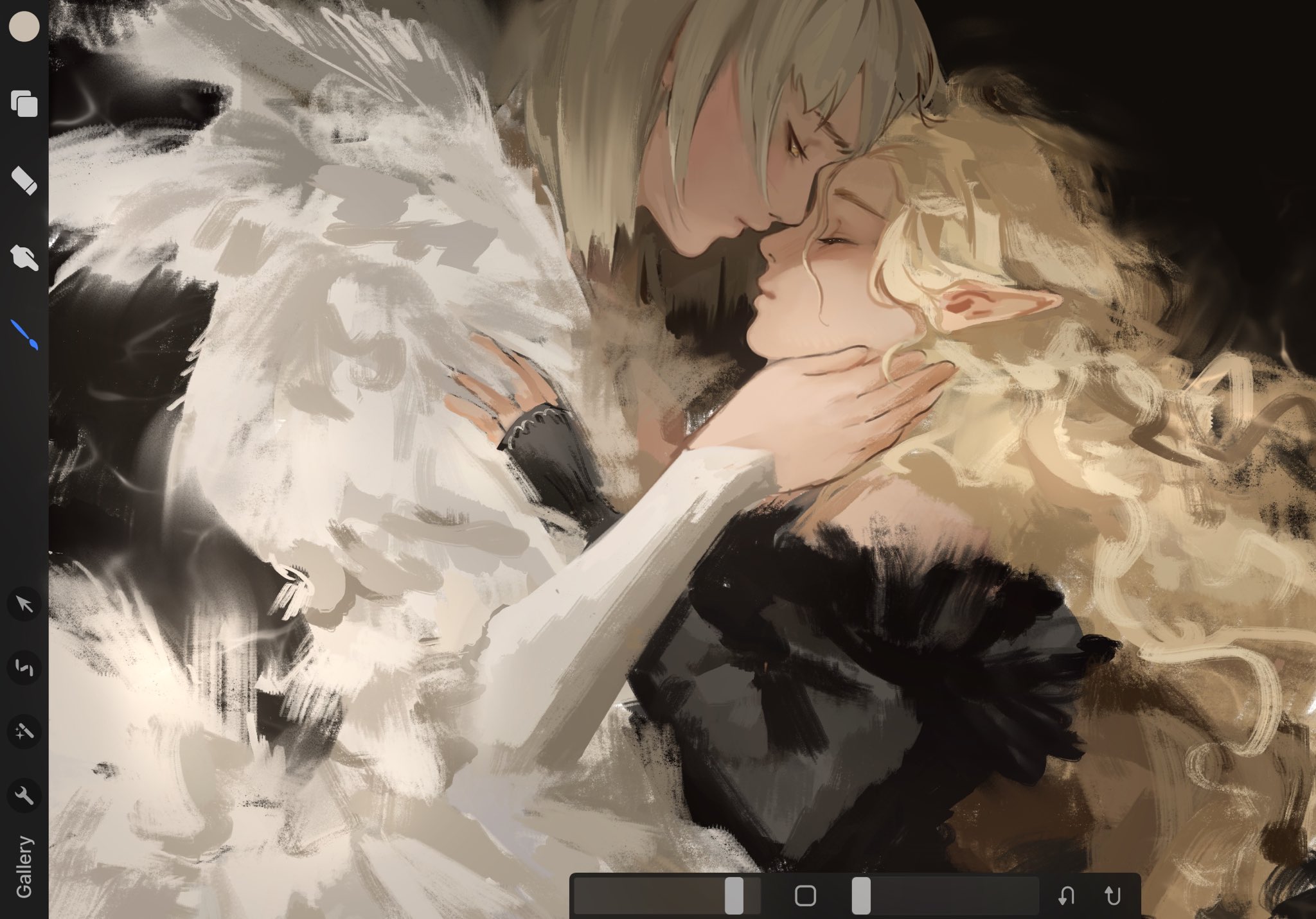sabertoon artt, falin touden, falin touden (chimera), marcille donato, dungeon meshi, highres, painting (medium), traditional media, 2girls, art program in frame, black dress, blonde hair, chimera, dress, elf, feathers, hand on another's neck, hug, long hair, multiple girls, pointy ears, very long hair, white feathers, yuri