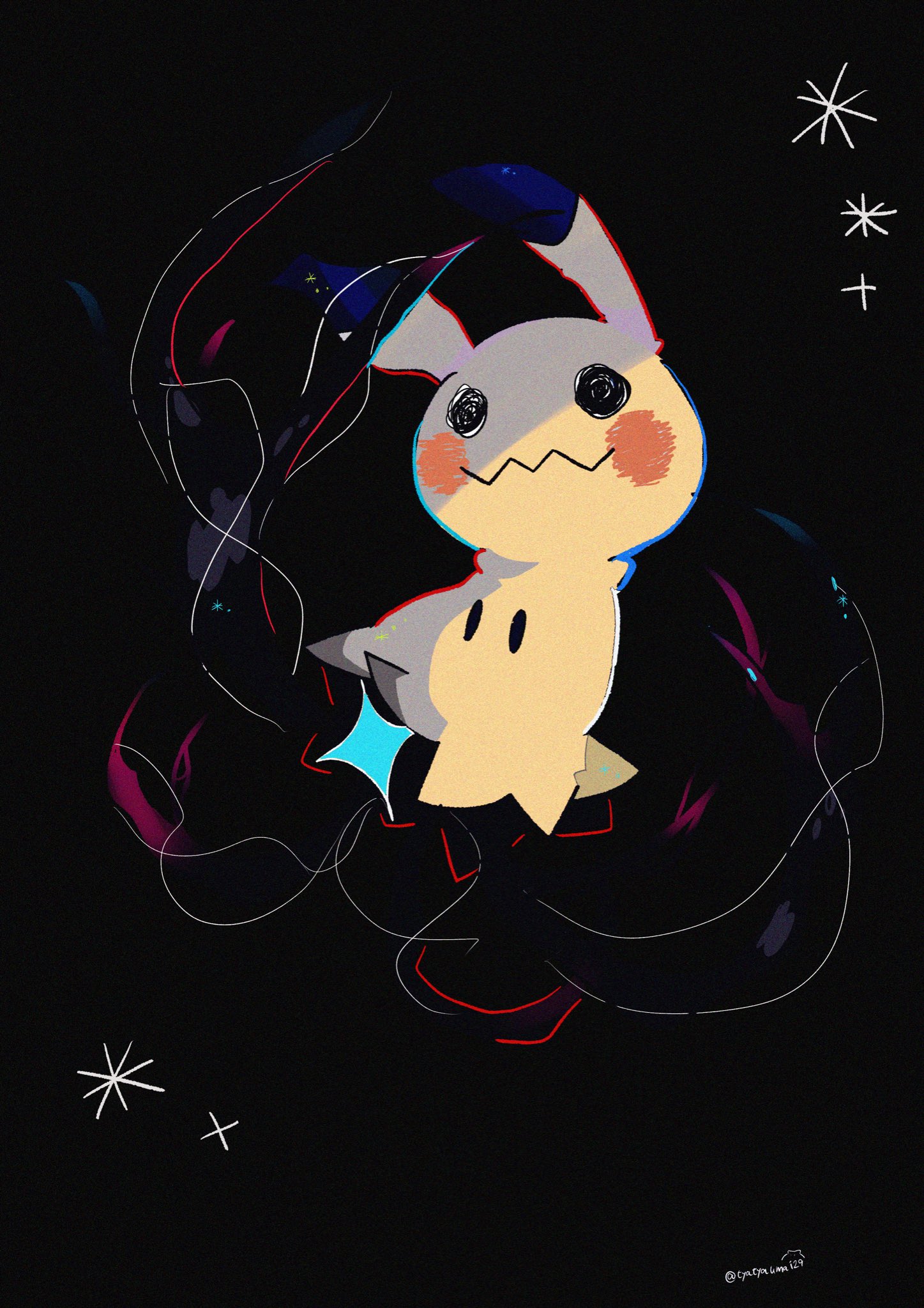 mendako (tyatyaumai29), mimikyu, nintendo, pokemon, highres, animal focus, black background, full body, gen 7 pokemon, looking at viewer, no humans, pokemon (creature), pokemon focus, solid oval eyes, solo, star (symbol)