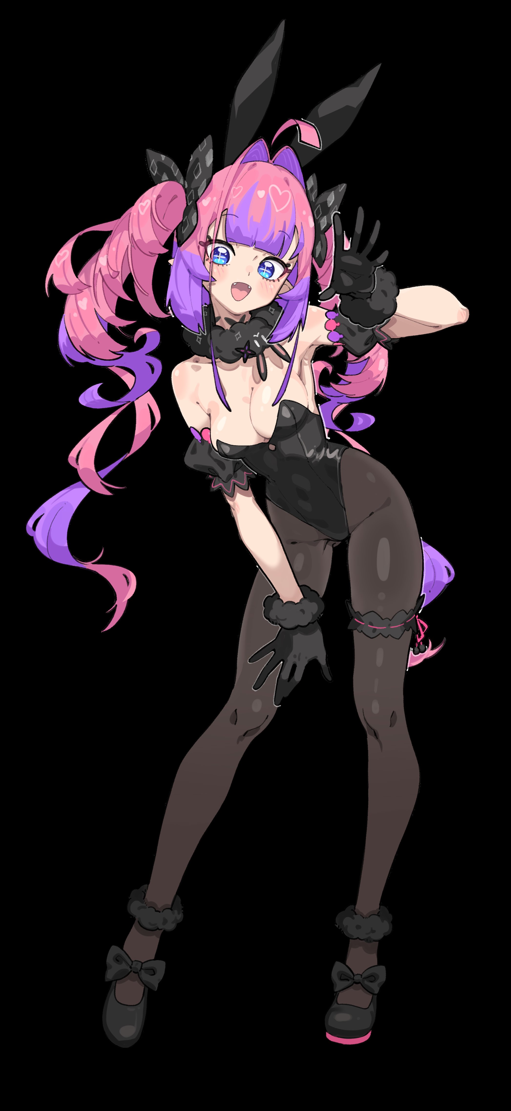 fugota6509, kikirara vivi, hololive, hololive dev is, absurdres, hashtag-only commentary, highres, + +, 1girl, ahoge, animal ears, ankle cuffs, bare shoulders, black ankle cuffs, black background, black bow, black collar, black gloves, black leotard, black pantyhose, black ribbon, black shoes, black sleeves, blue eyes, blush, bow, breasts, collar, collarbone, covered groin, covered navel, detached sleeves, diamond print, fangs, footwear bow, full body, fur choker, gloves, hair intakes, hair ribbon, heart, knees, leotard, long hair, looking at viewer, multicolored hair, open mouth, pantyhose, pink hair, playboy bunny, pointy ears, purple hair, rabbit ears, ribbon, salute, shoes, short sleeves, simple background, smile, solo, strapless, strapless leotard, thigh strap, thighs, twintails, two-tone hair, virtual youtuber