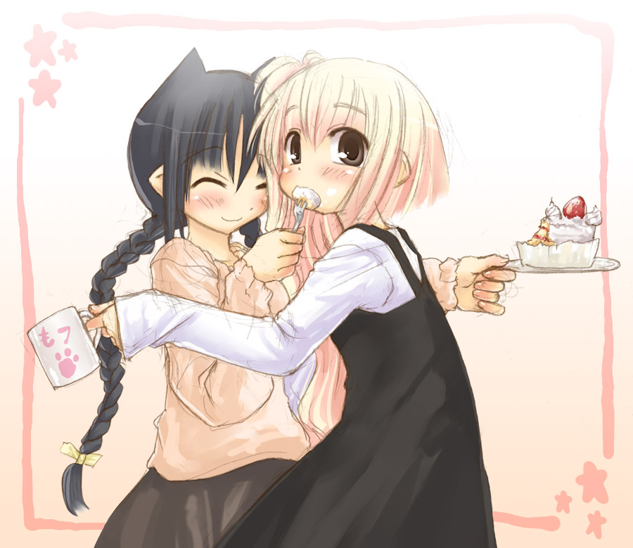 kasuga yukihito, 2girls, animal ears, black hair, blush, braid, brown eyes, cake, cat ears, cup, feeding, food, long hair, mug, multiple girls, pastry, pink hair, side ponytail, twin braids