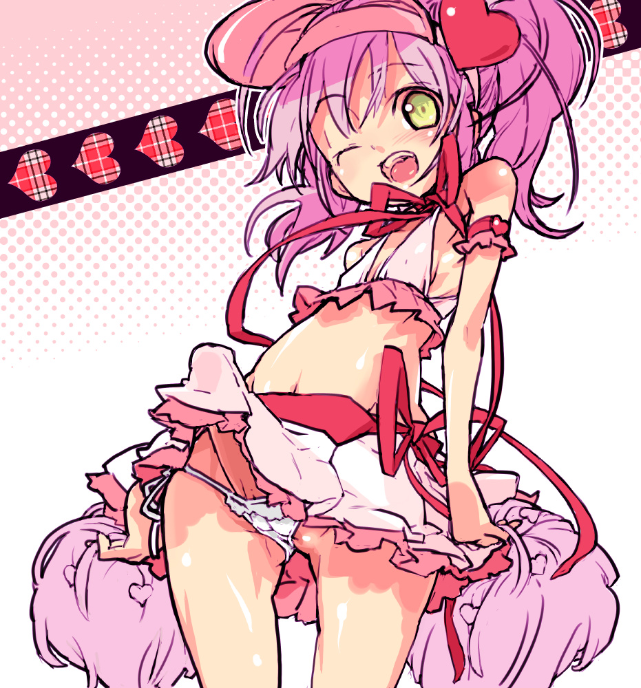 najimi shin, amulet heart, hinamori amu, shugo chara!, 1futa, bare shoulders, bulge, clothes lift, erection, futanari, green eyes, hat, heart, magical girl, midriff, no testicles, one eye closed, open mouth, panties, penis, penis peek, pink hair, pink theme, pom pom (cheerleading), ribbon, side-tie panties, skirt, skirt lift, smile, solo, standing, thigh gap, thighs, underwear, wink