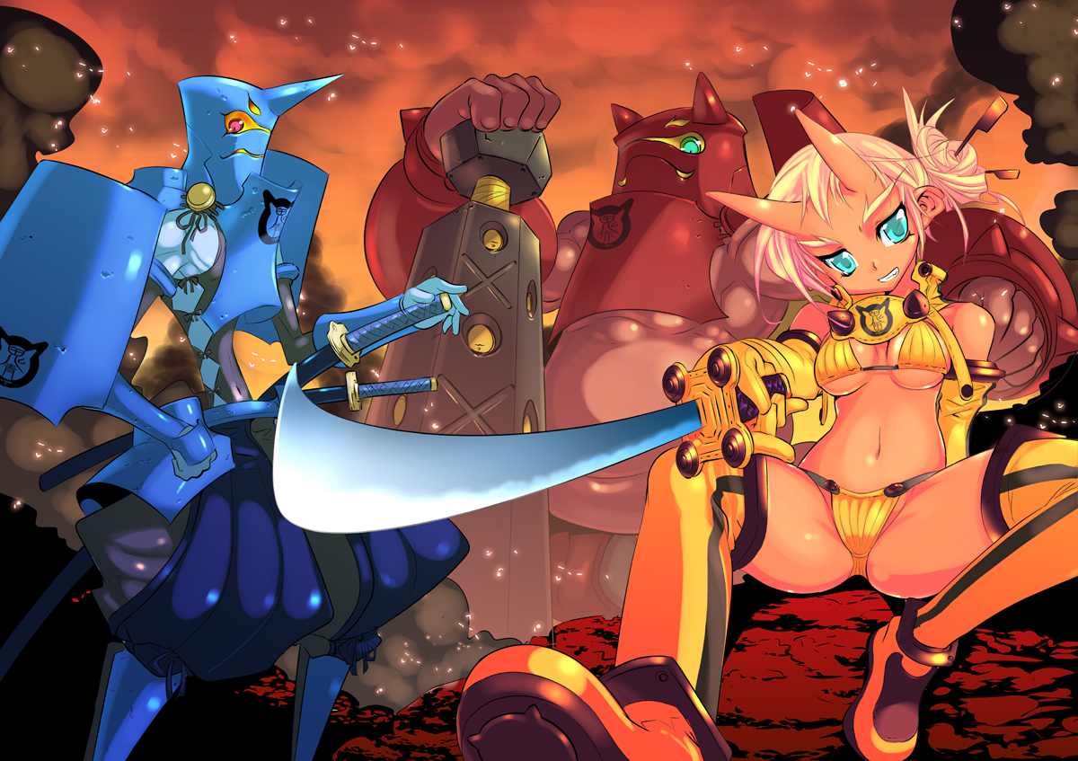 a-walk, fujishima-sei ichi-gou, original, xenosaga, 00s, 1girl, aqua eyes, bat (animal), blue oni, boots, bra, demon girl, epic, gnosis, horns, katana, lingerie, monster, oni, panties, red oni, samurai, sword, thigh boots, thighhighs, underwear, weapon, white hair