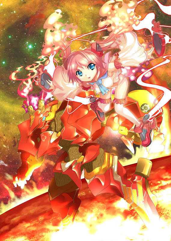 a-walk, fujishima-sei ichi-gou, original, 1girl, blue eyes, female focus, fiery hair, lava, mecha, pink hair, robot, short hair, solo, sun, thighhighs