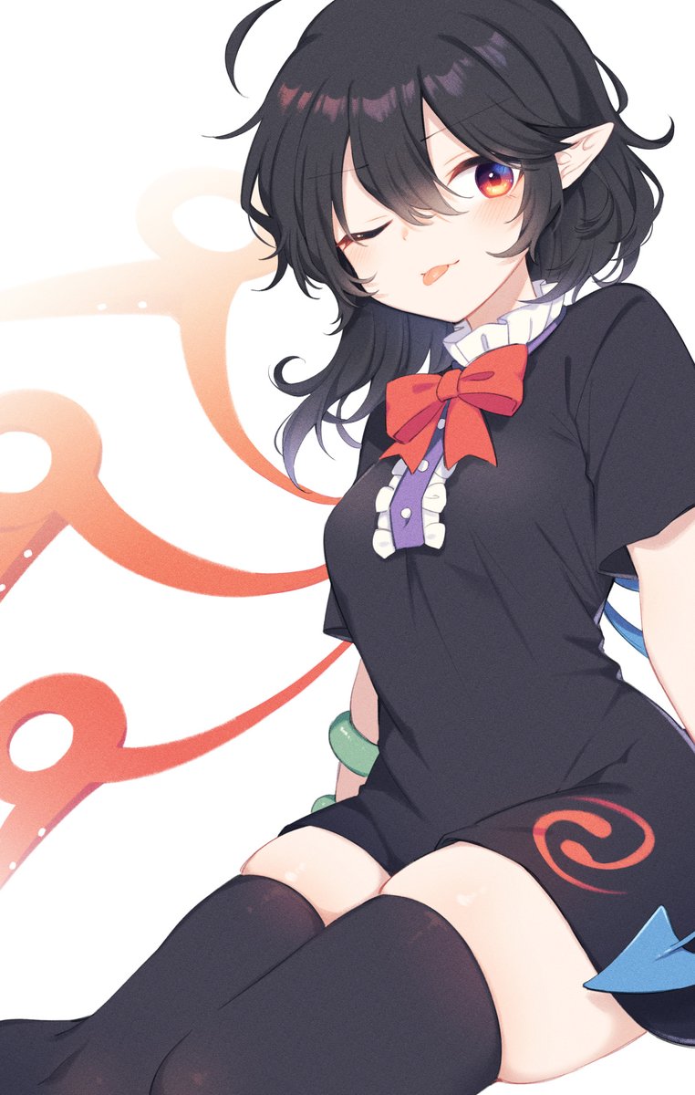 tama (soon32281), houjuu nue, touhou, highres, 1girl, black dress, black hair, black thighhighs, blue wings, bow, bowtie, dress, one eye closed, pointy ears, red bow, red bowtie, red wings, short hair, solo, thighhighs, tongue, tongue out, wings