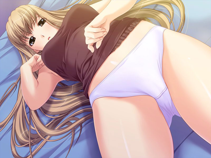 ino (magloid), sakurano miren, kimihagu, game cg, 00s, 1girl, bed, blonde hair, bottomless, breasts, brown eyes, brown hair, dutch angle, female focus, large breasts, long hair, lying, no pants, on back, panties, solo, underwear