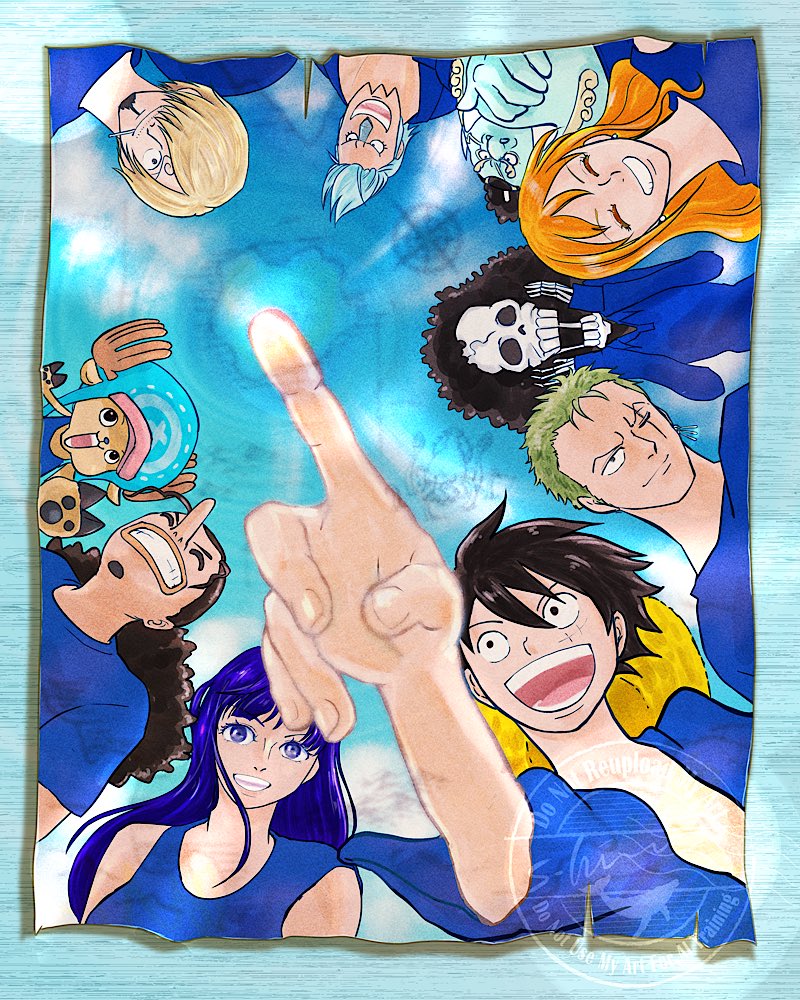 s hirokujira, brook (one piece), franky (one piece), jinbe (one piece), monkey d. luffy, nami (one piece), nico robin, roronoa zoro, sanji (one piece), tony tony chopper, usopp, one piece, commentary request, 2girls, 6+boys, ^ ^, afro, antlers, black hair, blonde hair, blue hair, blue shirt, cigarette, closed eyes, cross, facial hair, goatee, green hair, hair over one eye, hat, hood, horns, long hair, long nose, multiple boys, multiple girls, mustache, open mouth, orange hair, pointing, pompadour, ponytail, reindeer antlers, scar, scar across eye, scar on face, shirt, short hair, smile, straw hat, straw hat pirates, watermark