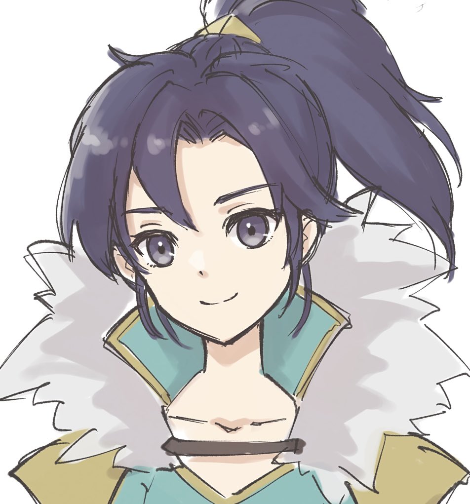 tea6043, fir (fire emblem), fire emblem, fire emblem: the binding blade, fire emblem heroes, nintendo, 1girl, black hair, blue shirt, closed mouth, collarbone, fir (dual warrior) (fire emblem), fur trim, long hair, official alternate costume, ponytail, popped collar, purple eyes, purple hair, shirt, simple background, smile, solo, upper body, white background