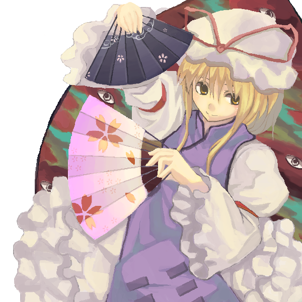 yakumo yukari, touhou, 1girl, blonde hair, dual wielding, female focus, folding fan, gap (touhou), hand fan, hat, holding, holding fan, long hair, mob cap, ribbon, solo, white background, yellow eyes