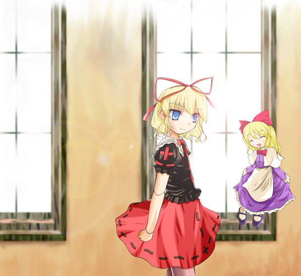 medicine melancholy, shanghai doll, touhou, 2girls, blonde hair, blue eyes, doll, doll joints, female focus, hair ribbon, indoors, joints, multiple girls, ribbon, short hair, smile, standing