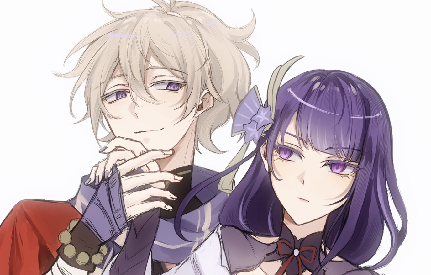 angelus (eigna gie), kazuha's friend (genshin impact), raiden shogun, genshin impact, hashtag-only commentary, 1boy, 1girl, blonde hair, blunt bangs, bracelet, bridal gauntlets, closed mouth, clothing cutout, collarbone, couple, curly hair, expressionless, fan hair ornament, flower, flower ornament, gradient hair, hair between eyes, hair ornament, head tilt, hetero, high ponytail, holding hands, japanese clothes, jewelry, kimono, leaning to the side, light smile, long hair, looking at another, looking down, looking to the side, mole, mole under eye, multicolored hair, neck ribbon, ponytail, purple eyes, purple flower, purple hair, purple kimono, purple nails, purple scarf, red ribbon, ribbon, scarf, shade, shoulder cutout, simple background, smirk, standing, streaked hair, upper body, white background
