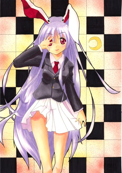 reisen udongein inaba, touhou, 1girl, animal ears, female focus, long hair, moon, purple hair, rabbit ears, red eyes, skirt, solo