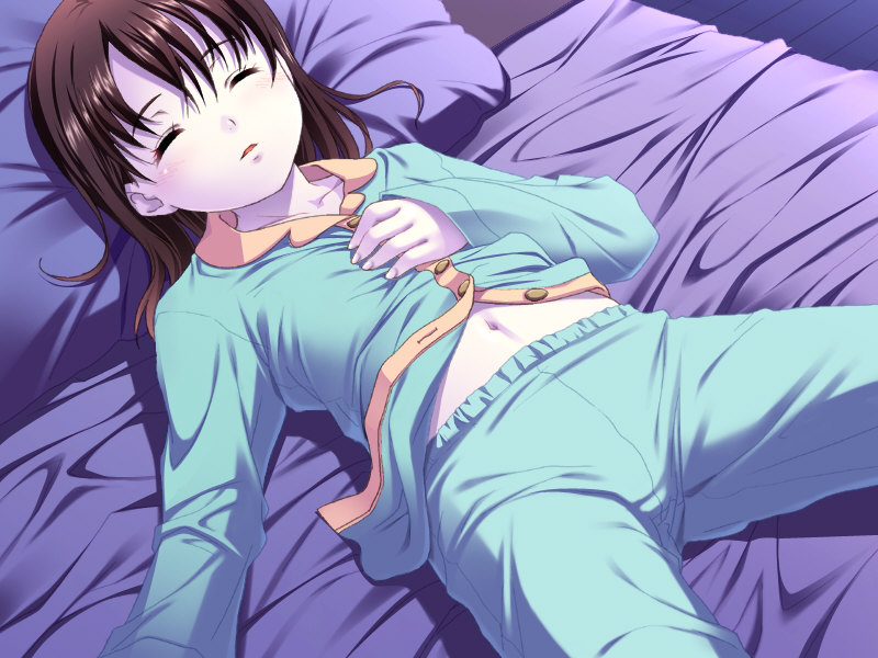 nonohara miki, furusawa asumi, musume shimai, rune, game cg, 1girl, bed, brown hair, child, female focus, flat chest, navel, pajamas, sleeping, solo
