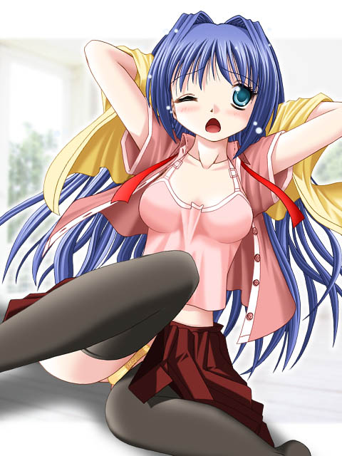 minase nayuki, kanon, blue eyes, blue hair, long hair, panties, solo, thighhighs, underwear
