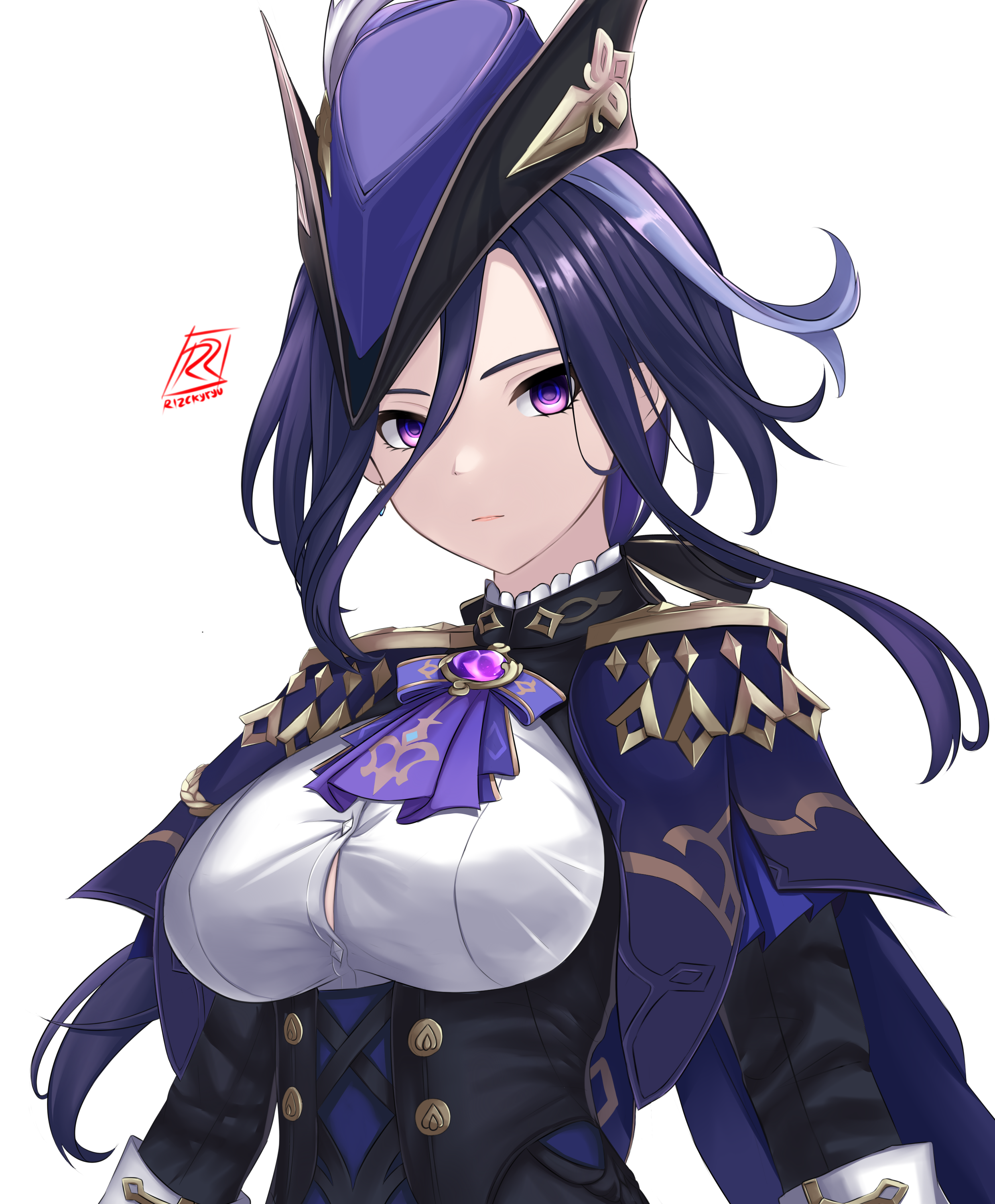 rizcky ryu, clorinde (genshin impact), genshin impact, absurdres, commentary, english commentary, highres, 1girl, artist logo, artist name, ascot, black corset, blue cape, blue hair, blue hat, breasts, button gap, cape, closed mouth, corset, earrings, epaulettes, flower, fold-over gloves, framed breasts, gloves, hair between eyes, hat, hat feather, jewelry, large breasts, logo, long hair, long hair between eyes, purple ascot, purple eyes, purple flower, purple pupils, purple rose, rose, shirt, simple background, solo, taut clothes, taut shirt, tricorne, vision (genshin impact), white background, white gloves
