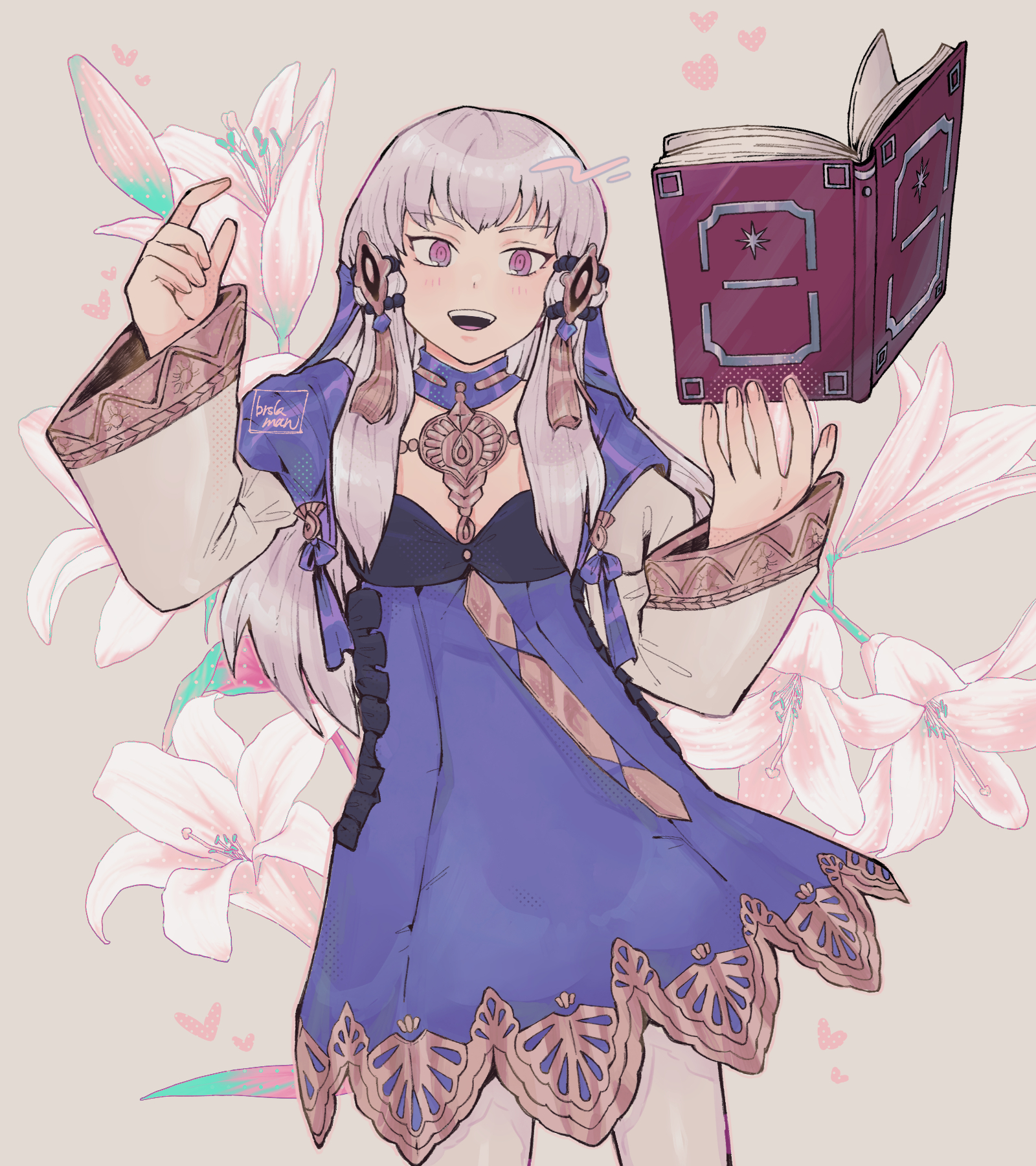 lysithea von ordelia, lysithea von ordelia (timeskip), fire emblem, fire emblem: three houses, nintendo, highres, 1girl, book, breasts, brskman, choker, dress, flower, hair ornament, holding, holding book, jewelry, long hair, long sleeves, looking at viewer, open mouth, pantyhose, pink eyes, purple choker, purple dress, smile, solo, teeth, upper teeth only, white hair, white pantyhose