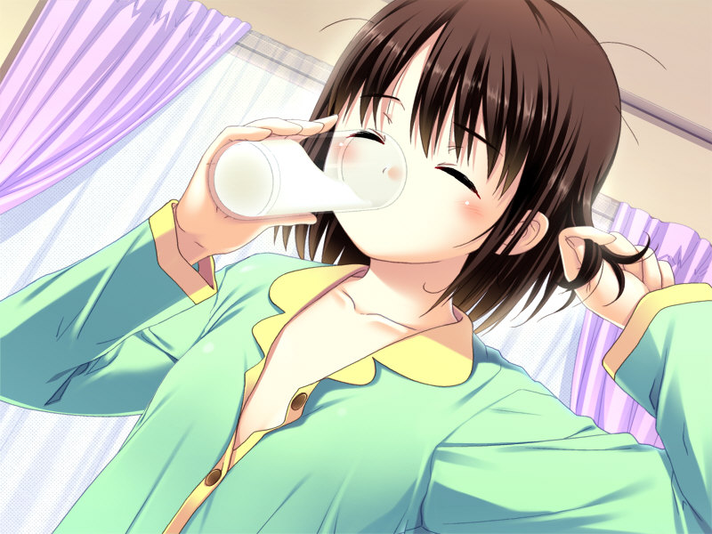 nonohara miki, furusawa asumi, musume shimai, game cg, 1girl, blush, brown hair, cup, drinking, drinking glass, female focus, loli, milk, pajamas, short hair, solo