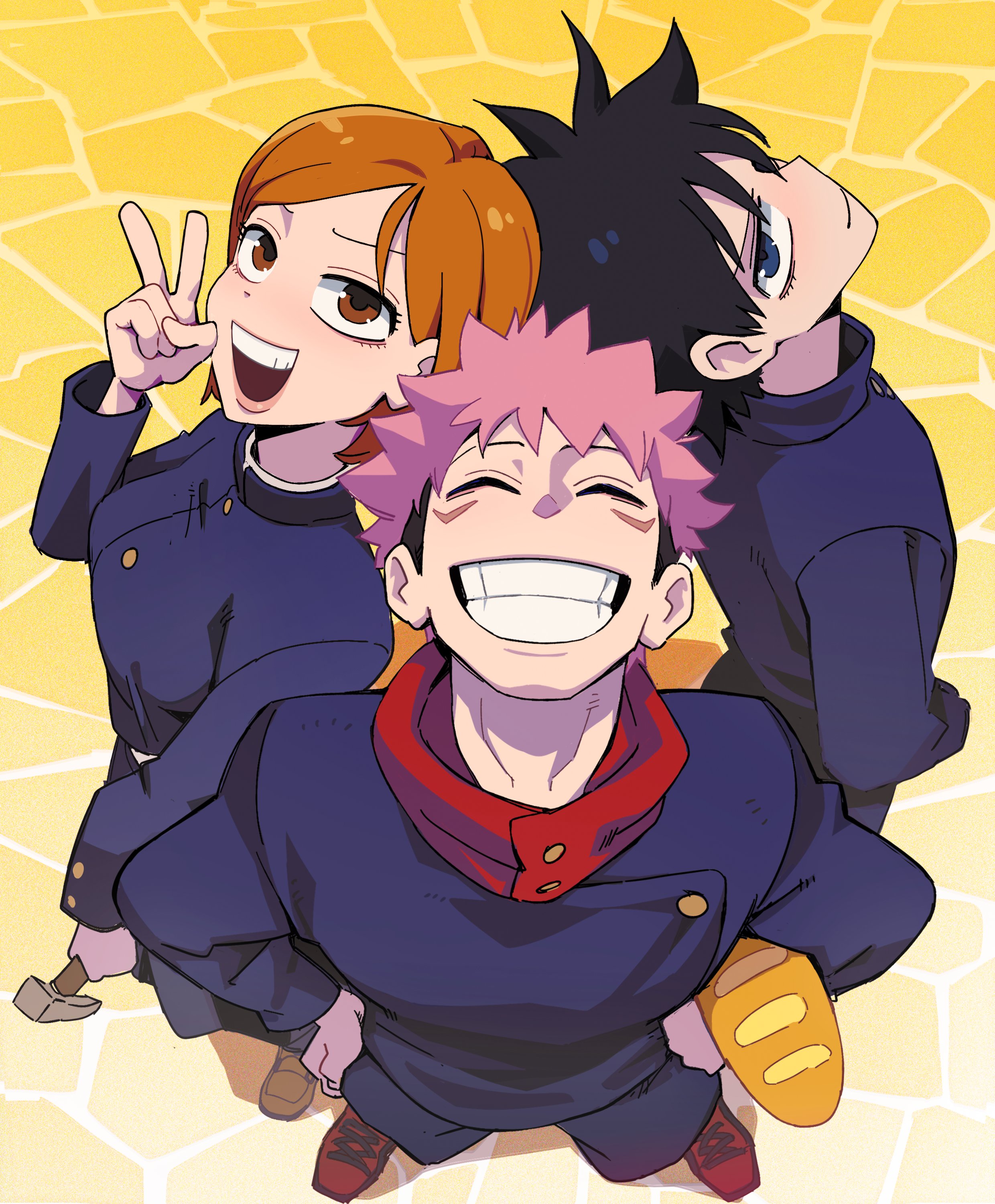 aisendraw, fushiguro megumi, itadori yuuji, kugisaki nobara, jujutsu kaisen, absurdres, commentary, highres, 1girl, 2boys, ^ ^, black hair, blue eyes, bread, brown eyes, brown hair, clenched teeth, closed eyes, facial mark, food, from above, hammer, holding, holding food, holding hammer, jujutsu tech uniform, looking at viewer, multiple boys, pink hair, smile, spiked hair, swept bangs, teeth, undercut, v