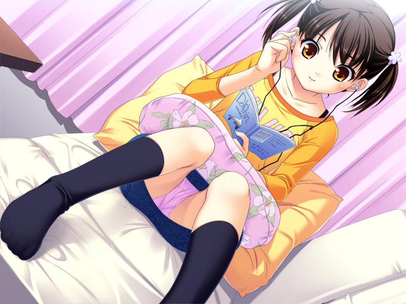 nonohara miki, furusawa asumi, musume shimai, game cg, 1girl, book, brown hair, couch, earbuds, earphones, female focus, headphones, loli, open book, orange eyes, panties, pantyshot, pillow, reading, short twintails, socks, solo, twintails, underwear
