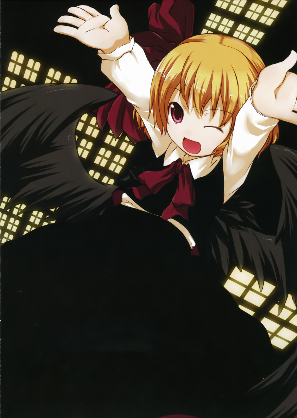 shiratama dango, rumia, embodiment of scarlet devil, touhou, highres, 1girl, black wings, blonde hair, female focus, one eye closed, red eyes, ribbon, short hair, solo, wings, wink