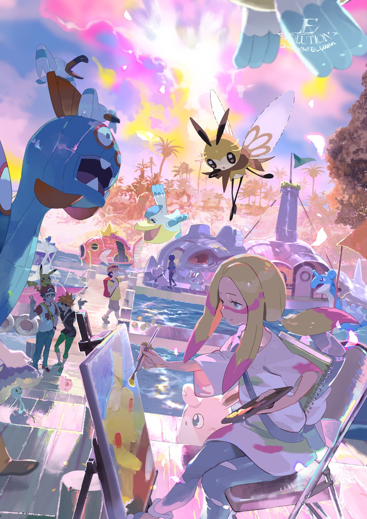 e volution, alolan exeggutor, granbull, green (pokemon), huntail, igglybuff, lapras, magikarp, mina (pokemon), pelipper, pikachu, red (pokemon), ribombee, shiinotic, steelix, sylveon, wigglytuff, wingull, nintendo, pokemon, pokemon sm, highres, 2boys, 6+girls, 6+others, alolan form, black shirt, blonde hair, boat, brown hair, dusk, flag, floating home, gen 1 pokemon, gen 2 pokemon, gen 3 pokemon, gen 6 pokemon, gen 7 pokemon, green pants, insect wings, island, looking at object, multicolored hair, multicolored sky, multiple boys, multiple girls, multiple others, ocean, paintbrush, painting (action), painting (object), palm tree, pants, pier, pool, shirt, sky, smile, teeth, tree, two-tone hair, v, watercraft, whiskers, white shirt, wings