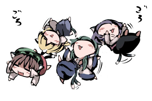gatau, chen, kochiya sanae, moriya suwako, yasaka kanako, touhou, lowres, 4girls, animal ears, blonde hair, cat, cat ears, cat tail, chibi, female focus, green hair, hat, japanese clothes, kemonomimi mode, long hair, miko, multiple girls, purple hair, ribbon, short hair, tail