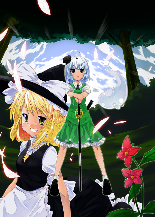 kirisame marisa, konpaku youmu, konpaku youmu (ghost), touhou, 2girls, blonde hair, blue eyes, blue hair, female focus, flower, ghost, hat, hitodama, katana, long hair, multiple girls, petals, ribbon, school uniform, serafuku, short hair, sword, weapon, witch, witch hat, yellow eyes