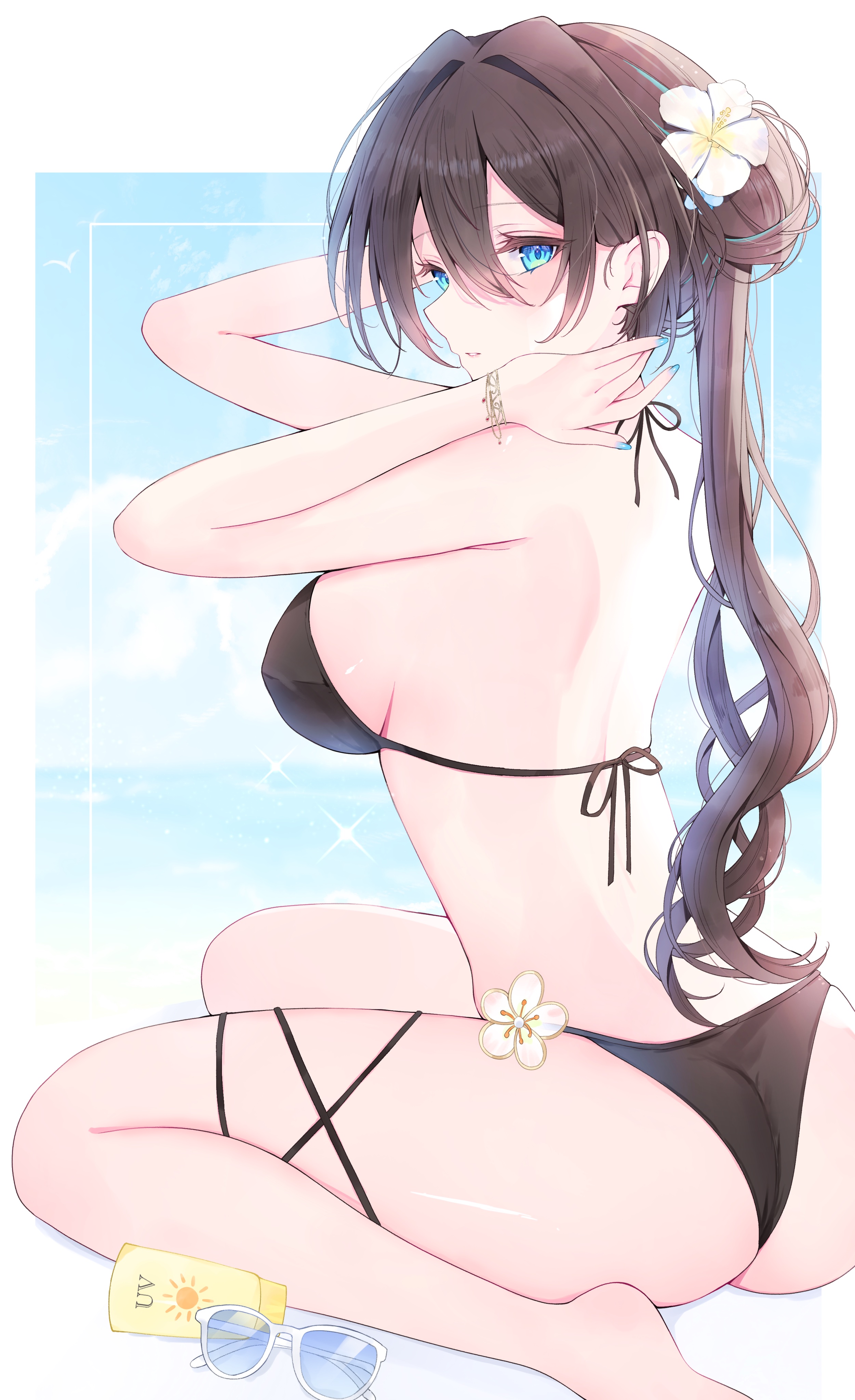 tsuyuri eri, ruan mei (honkai: star rail), honkai: star rail, honkai (series), absurdres, highres, 1girl, ass, barefoot, bikini, black bikini, black hair, blue eyes, blue nails, flower, hair bun, hair flower, hair ornament, large pectorals, long hair, lotion, nail polish, parted lips, pectorals, ponytail, solo, sunglasses, sunscreen, swimsuit, unworn eyewear, white flower