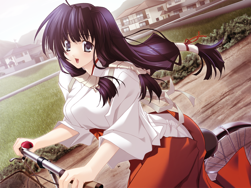 goma satoshi, munakata aoi, oshiete miko sensei, game cg, 1girl, bicycle, black hair, blue eyes, hakama, hakama skirt, japanese clothes, long hair, low-tied long hair, miko, open mouth, oshiete miko sensei (series), riding, skirt, smile, solo