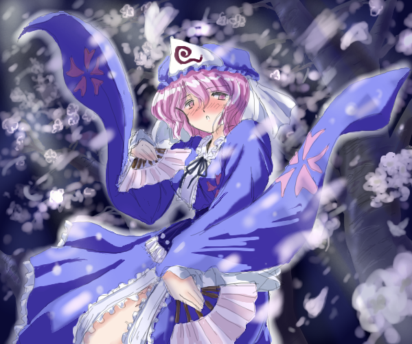flx, saigyouji yuyuko, touhou, 1girl, blush, dress, dual wielding, female focus, folding fan, hand fan, hat, holding, japanese clothes, kimono, pink hair, solo