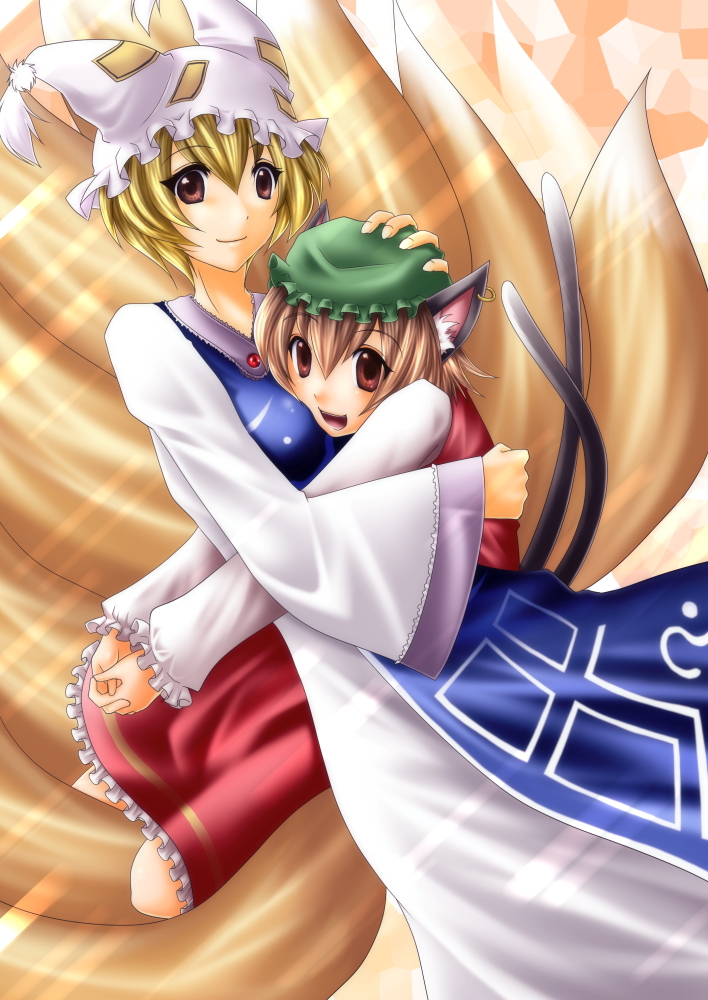 white (artist), white (blue white), chen, yakumo ran, touhou, 2girls, animal ears, animal hat, blonde hair, cat ears, cat girl, cat tail, china dress, chinese clothes, dress, earrings, female focus, fox ears, fox tail, hat, hug, jewelry, long sleeves, mob cap, multiple girls, short hair, tail, tassel, wide sleeves