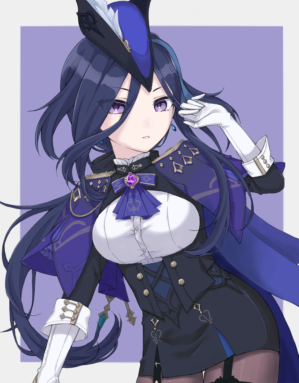 clorinde (genshin impact), genshin impact, highres, 1girl, amane shino, ascot, black corset, blue hair, blue hat, breasts, cape, corset, drill hair, drill sidelocks, epaulettes, fold-over gloves, framed breasts, gloves, hair between eyes, hat, hat feather, jewelry, large breasts, long hair, long hair between eyes, pantyhose, pencil skirt, purple ascot, purple background, purple cape, purple eyes, shirt, sidelocks, skirt, solo, taut clothes, taut shirt, tricorne, white background, white gloves, white shirt