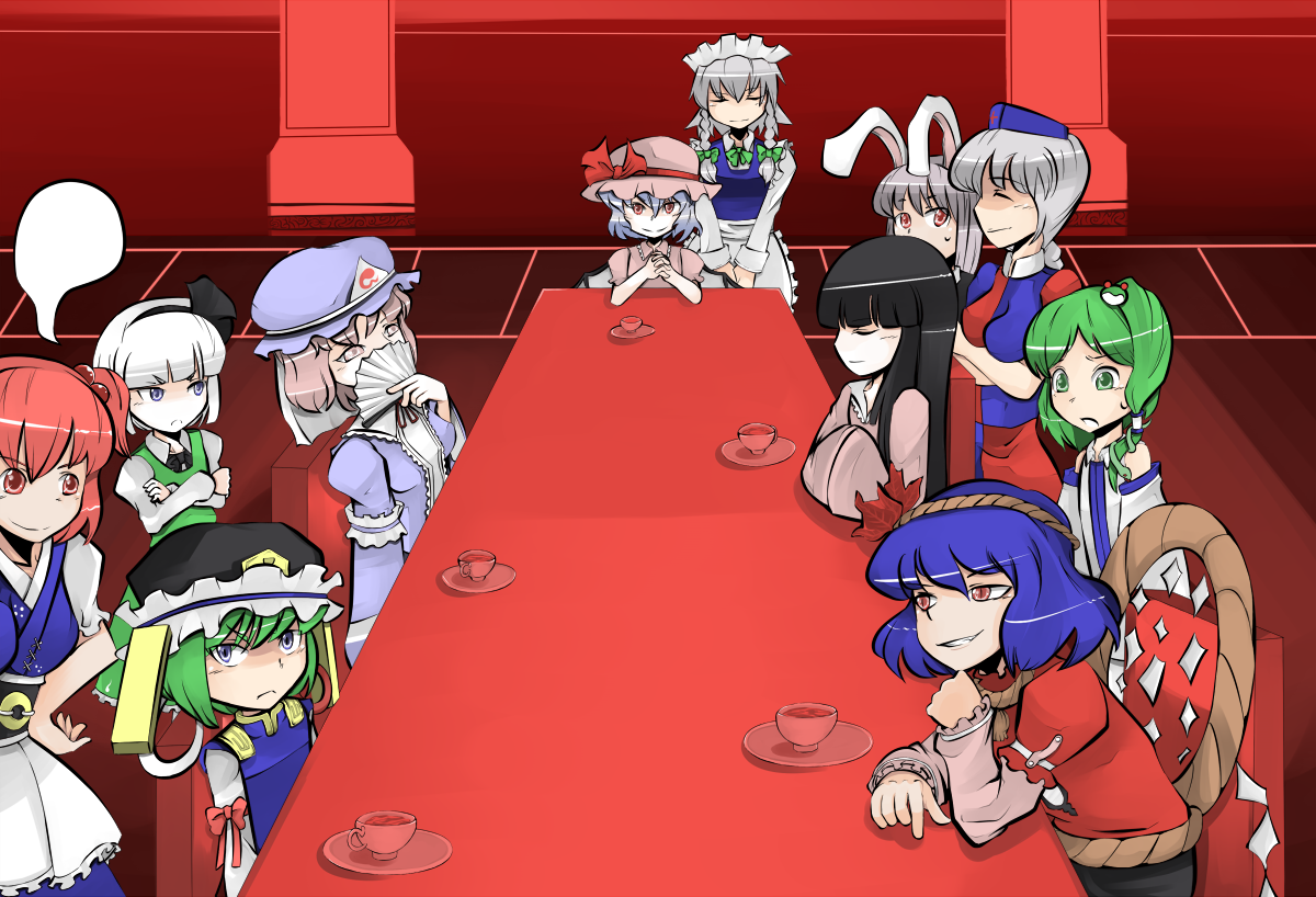 doku corne, houraisan kaguya, izayoi sakuya, kochiya sanae, konpaku youmu, konpaku youmu (ghost), onozuka komachi, reisen udongein inaba, remilia scarlet, saigyouji yuyuko, shiki eiki, yagokoro eirin, yasaka kanako, touhou, bad id, bad pixiv id, 6+girls, animal ears, female focus, food, hitodama, meeting, multiple girls, pocky, rabbit ears, table, tea