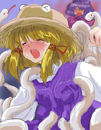 flx, mishaguji, moriya suwako, yasaka kanako, touhou, lowres, 2girls, blonde hair, blue hair, blush, female focus, hat, multiple girls, ribbon, short hair, snake