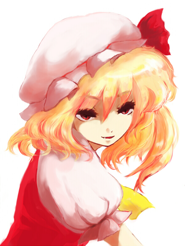 koishikawa (nio), flandre scarlet, touhou, 1girl, blonde hair, eyelashes, fang, female focus, hat, mob cap, red eyes, ribbon, short hair, side ponytail, simple background, smile, solo, upper body