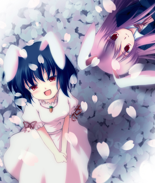 dagu, inaba tewi, reisen udongein inaba, touhou, bad id, bad pixiv id, 2girls, animal ears, black hair, female focus, long hair, lying, multiple girls, outdoors, plant, purple hair, rabbit ears, short hair, standing