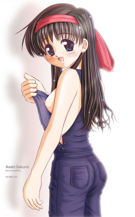 ibe (modakan), sakurai asahi, comic party, 00s, 1girl, bare shoulders, blue eyes, blush, breasts, brown hair, female focus, hairband, looking back, naked overalls, nipples, no bra, overalls, sideboob, smile, solo