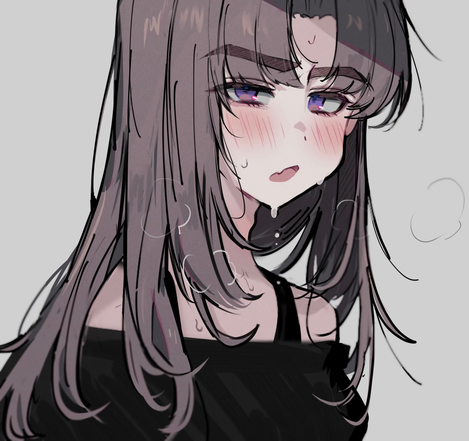 imamiya pinoko, original, highres, 1boy, ayase ayato (imamiya pinoko), black hair, fang, long hair, portrait, purple eyes, simple background, skin fang, sweat, thick eyebrows, trap