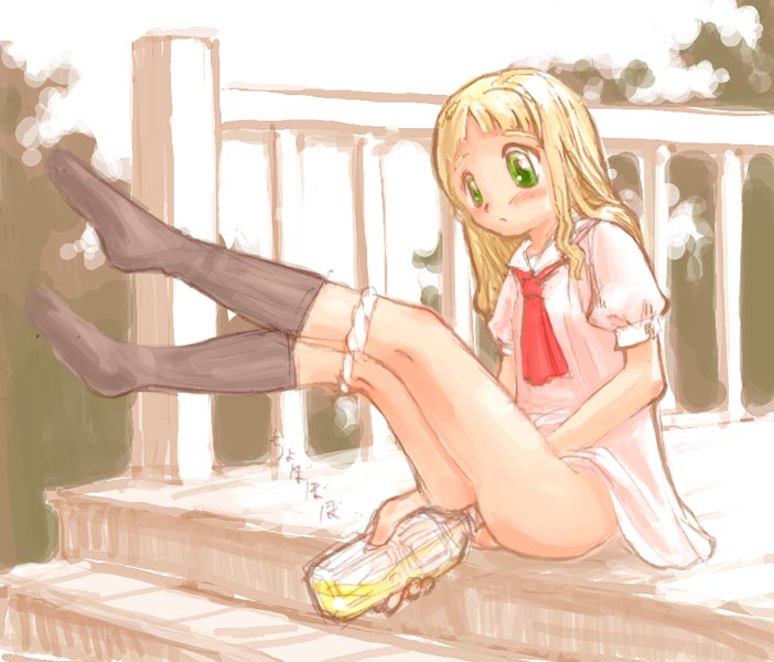 gouchin (nyou-tou), 1girl, ass, black socks, blonde hair, bottle, female focus, green eyes, legs, loli, outdoors, panties, panty pull, pee, pee in container, peeing, peeing in bottle, socks, solo, underwear