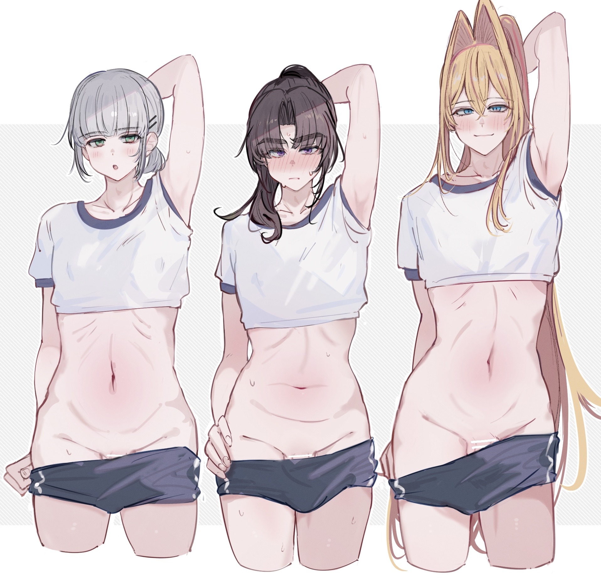 imamiya pinoko, original, highres, 3boys, arm behind head, armpits, ayase ayato (imamiya pinoko), black hair, blonde hair, blue eyes, buruma, clothes pull, crossdressing, crossdressing (mtf), green eyes, hair intakes, hirakawa mahiru (imamiya pinoko), kakage azusa (imamiya pinoko), long hair, multiple boys, pants, pants pull, penis, penis peek, ponytail, purple eyes, simple background, stomach, sweat, thick eyebrows, trap, white hair