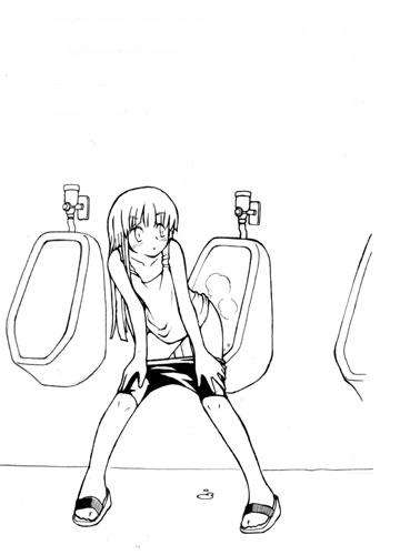 lowres, bike shorts, greyscale, monochrome, pee, peeing, sandals, solo, toilet, urinal, urinal use