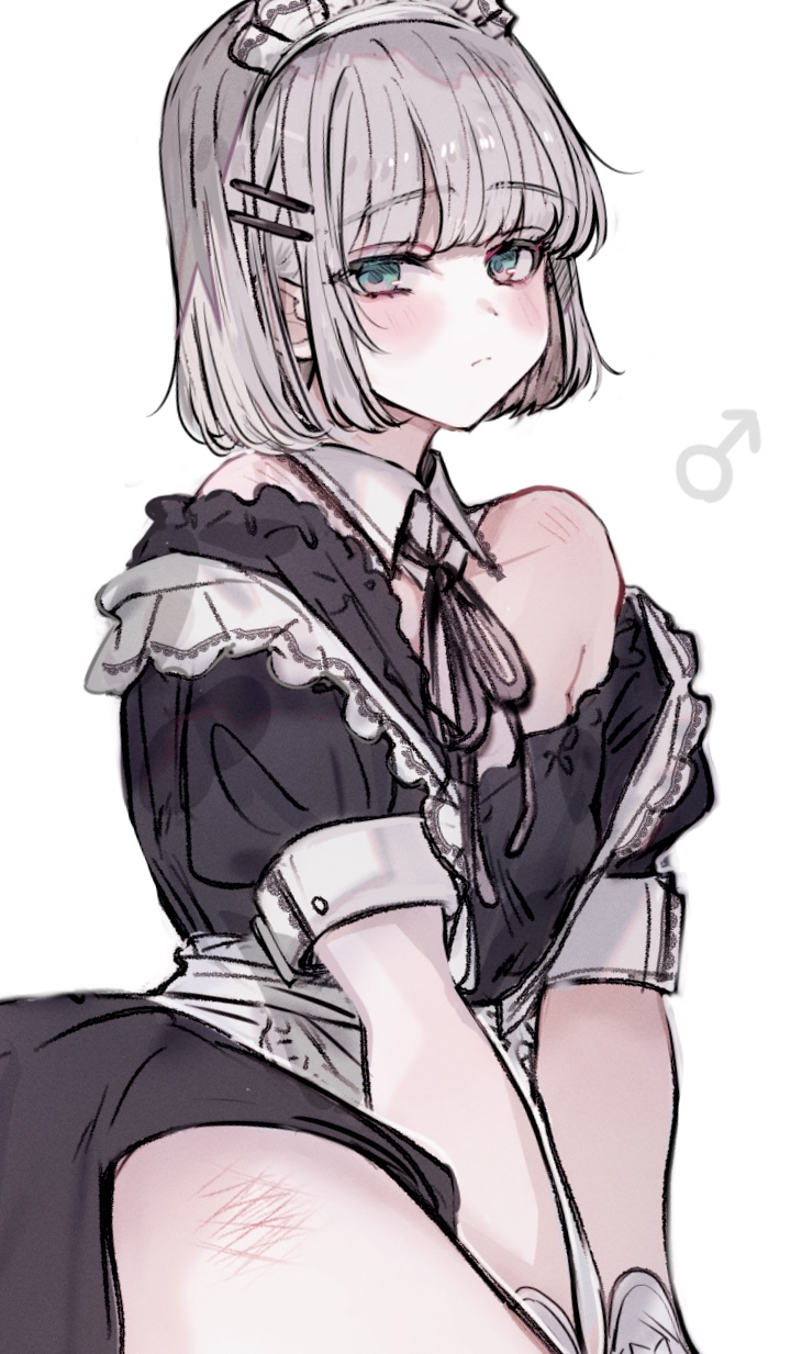 imamiya pinoko, original, highres, 1boy, aqua eyes, crossdressing, crossdressing (mtf), hirakawa mahiru (imamiya pinoko), maid, maid headdress, male maid, shirt slip, short hair, trap, white background, white hair