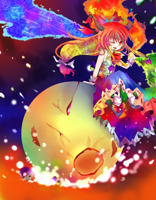 kazu (muchuukai), ibuki suika, touhou, bad id, bad pixiv id, 1girl, colorful, female focus, full moon, horns, long hair, moon, orange hair, ribbon, sitting, solo