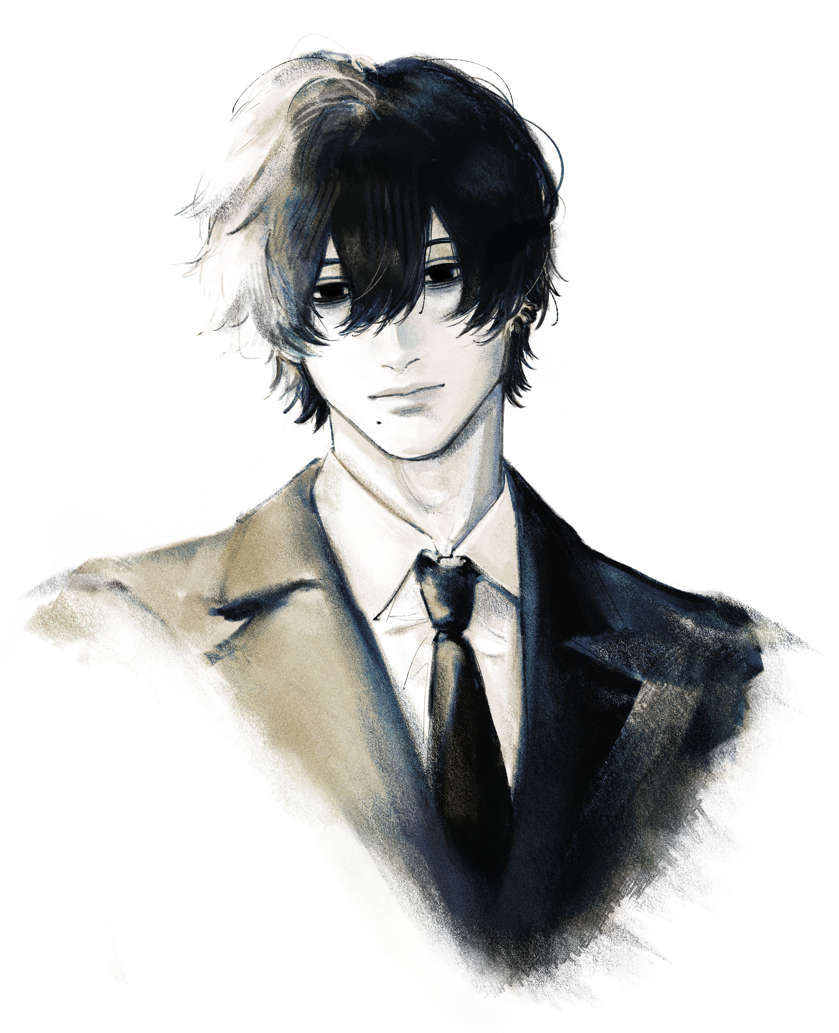 yoshida hirofumi, chainsaw man, absurdres, highres, 1boy, black hair, black necktie, closed mouth, collared shirt, ear piercing, formal clothes, hair between eyes, jacket, looking at viewer, male focus, mole, mole under mouth, multiple piercings, necktie, piercing, shirt, short hair, simple background, solo, suit, suit jacket, th3kph0enix, white background, white shirt