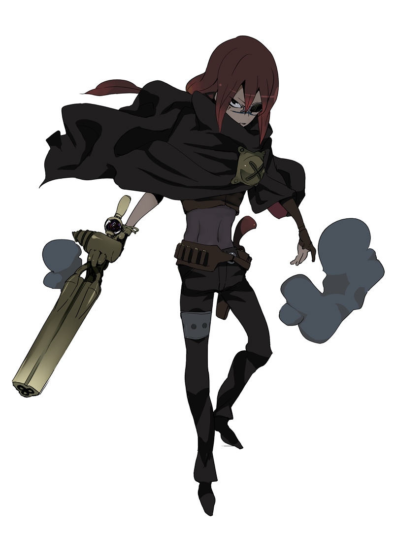 ikeda keisuke, kuroki kaze, final fantasy, final fantasy unlimited, 00s, 1boy, brown hair, cloak, eyepatch, full body, gun, male focus, red hair, simple background, solo, weapon