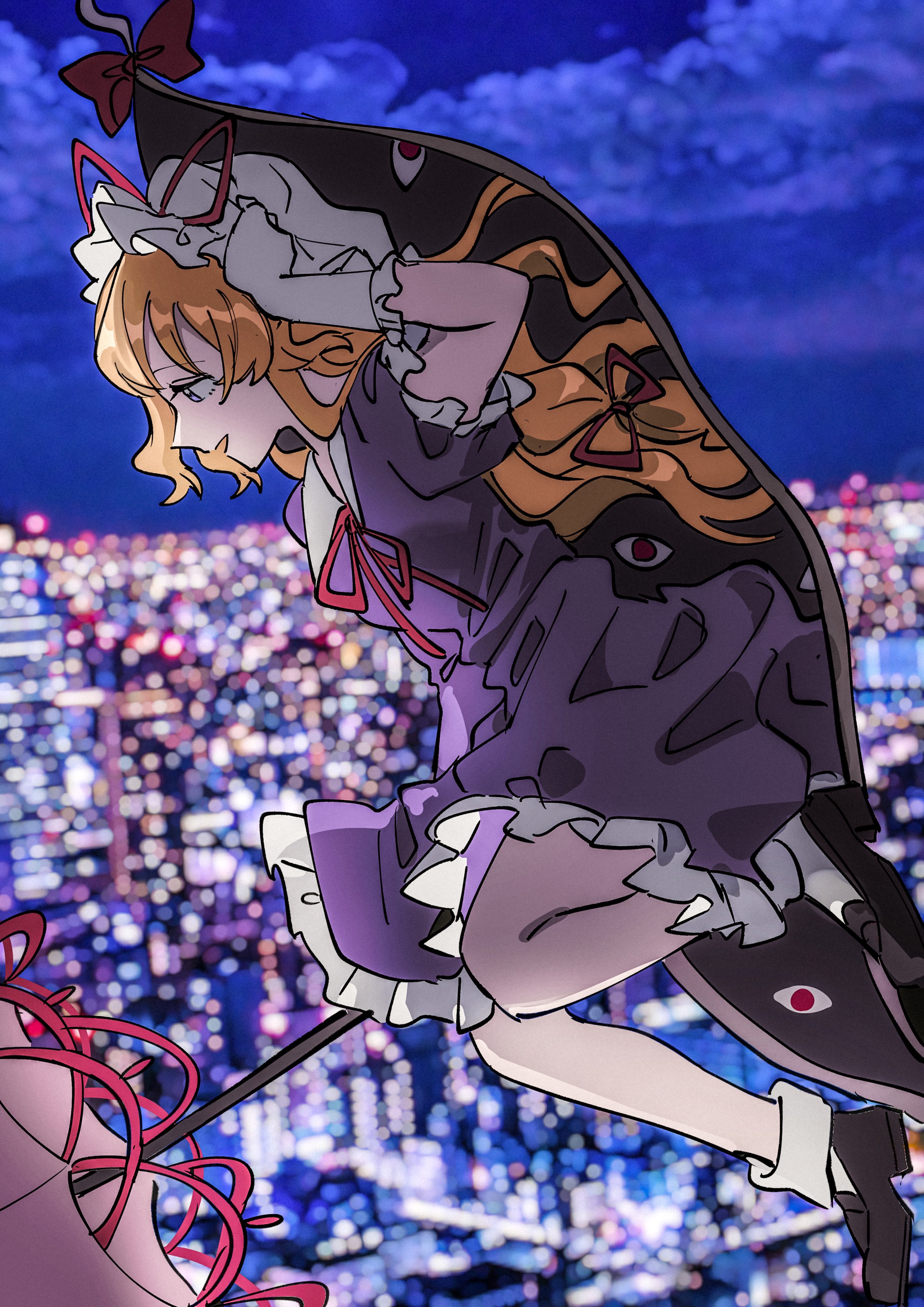 uehara suiyo, yakumo yukari, touhou, absurdres, highres, 1girl, black shoes, blonde hair, city, city lights, cityscape, cloud, dress, frills, from side, gap (touhou), gloves, hair ribbon, hand on headwear, hat, holding, holding umbrella, long hair, mob cap, night, night sky, open mouth, purple dress, purple eyes, red eyes, ribbon, shoes, short sleeves, sky, smile, socks, solo, umbrella, white gloves, white socks