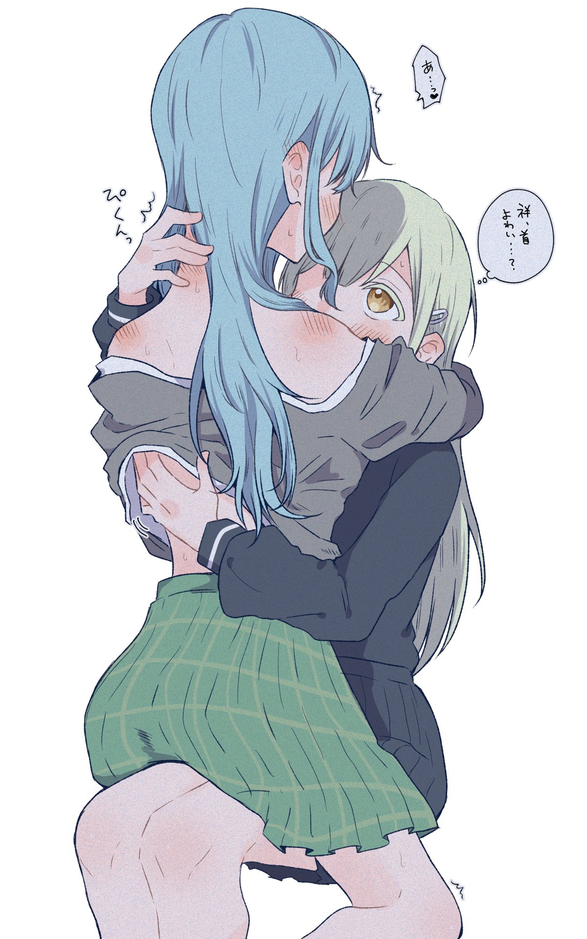 nago (hasakimati), togawa sakiko, wakaba mutsumi, bang dream!, bang dream! it's mygo!!!!!, commentary request, highres, translation request, 2girls, black shirt, black skirt, blue hair, blush, green hair, green skirt, grey jacket, hair down, hair ornament, hairclip, hand on another's back, haneoka school uniform, jacket, long sleeves, multiple girls, off shoulder, plaid clothes, plaid skirt, pleated skirt, school uniform, shirt, simple background, sitting, sitting on lap, sitting on person, skirt, speech bubble, thought bubble, tsukinomori school uniform, white background, yellow eyes, yuri