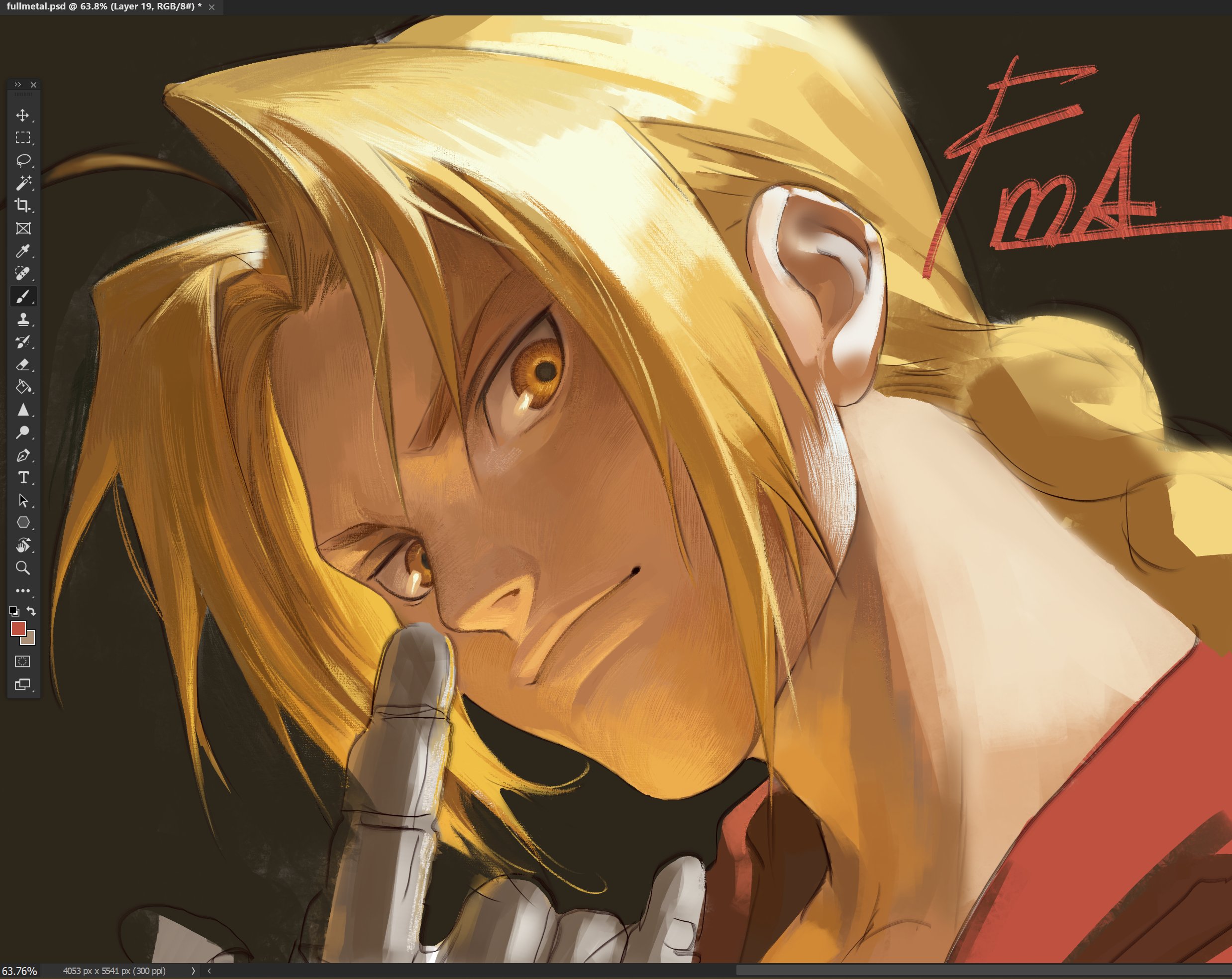 sabertoon artt, edward elric, fullmetal alchemist, highres, 1boy, m/, art program in frame, blonde hair, braid, cloak, closed mouth, hair intakes, long hair, male focus, mechanical arms, red cloak, single braid, single mechanical arm, solo, yellow eyes